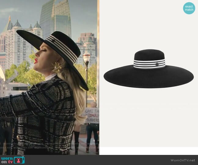 Maison Michel Bianca Striped Hat worn by Alexis Carrington (Elaine Hendrix) on Dynasty