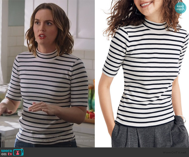 Madewell Sailor Stripe Ribbed Mock Neck Top worn by Angie (Leighton Meester) on Single Parents