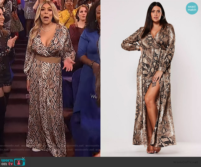 Missguided plus size brown snake print plunge maxi dress worn by Wendy Williams on The Wendy Williams Show
