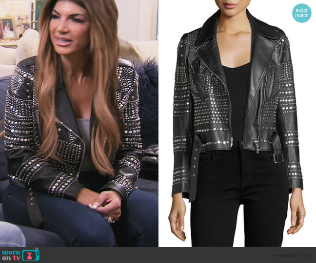 Nour Hammour Elysee Studded Leather Moto Jacket worn by Dolores Catania on The Real Housewives of New Jersey