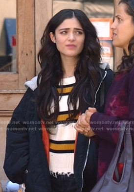 Olive’s white and yellow striped distressed sweater on Manifest