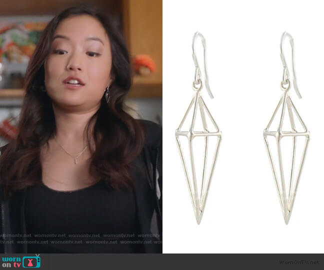 Peggy Li Triangle Cage Earrings worn by Janet (Andrea Bang) on Kims Convenience