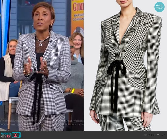 Prabal Gurung Houndstooth Checked Velvet Tie-Waist Blazer worn by Robin Roberts on Good Morning America