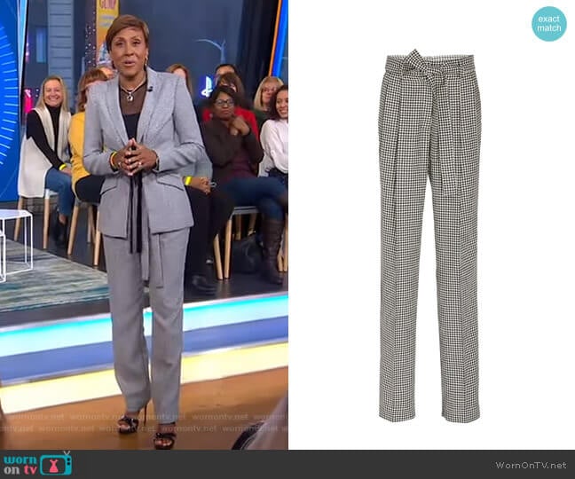 Prabal Gurung Simone Belted Houndstooth Wool Tapered Pants worn by Robin Roberts on Good Morning America