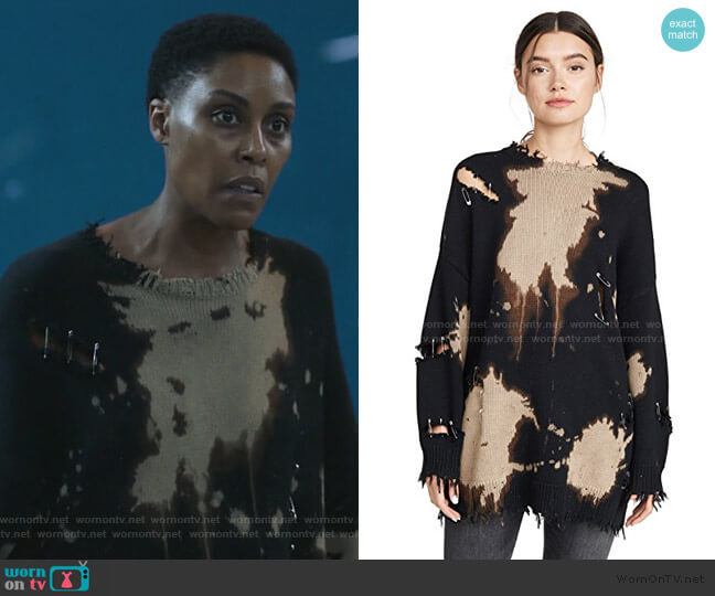 R13 Bleached Distressed Crew Neck Sweater worn by Lynn Stewart (Christine Adams) on Black Lightning