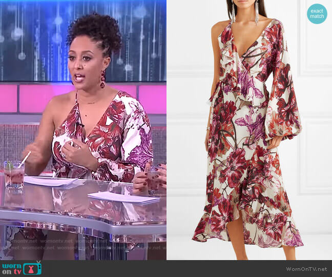 Rotate Birger Christensen Asymmetric Ruffled Floral-Print Wrap Dress worn by Tamera Mowry on The Real