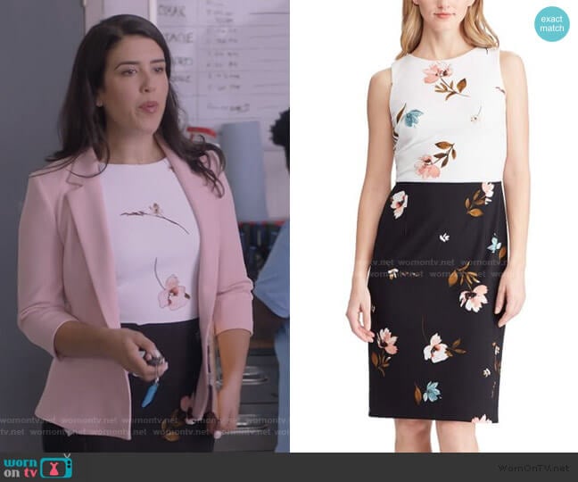 Ralph Lauren Two-Tone Floral Sleeveless Crepe Sheath Dress worn by Shannon Ross (Nicole Power) on Kims Convenience