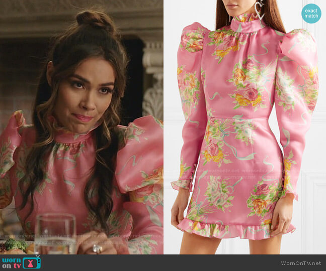 Alessandra Rich Floral-Print Silk-Organza Mini Dress worn by Cristal Jennings (Daniella Alonso) on Dynasty