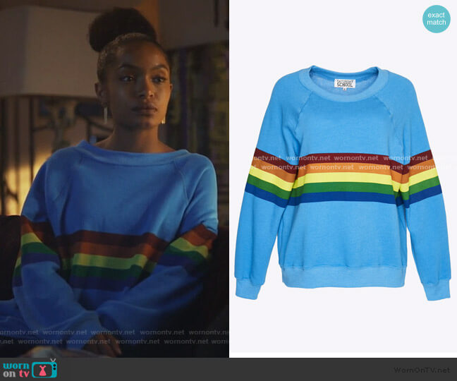 Saturday School Todays Hits & Yesterdays Favorites Rainbow Sweatshirt worn by Zoey Johnson (Yara Shahidi) on Grown-ish