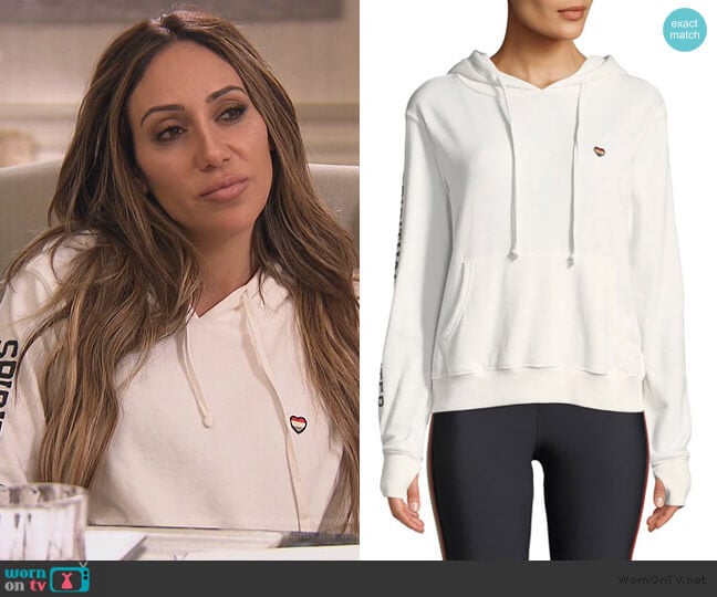 Spiritual Gangster Sundown Hooded Varsity Graphic Pullover worn by Melissa Gorga on The Real Housewives of New Jersey