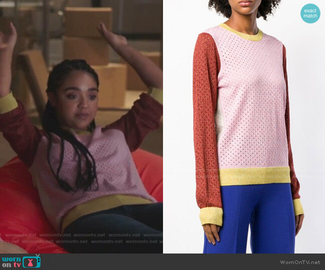 Stine Goya Perforated Colour-Block Sweater worn by Kat Edison (Aisha Dee) on The Bold Type