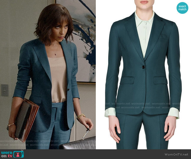 Suistudio Cameron Wool Suit Jacket in Teal worn by Edie Palmer (Megalyn Echikunwoke) on Almost Family
