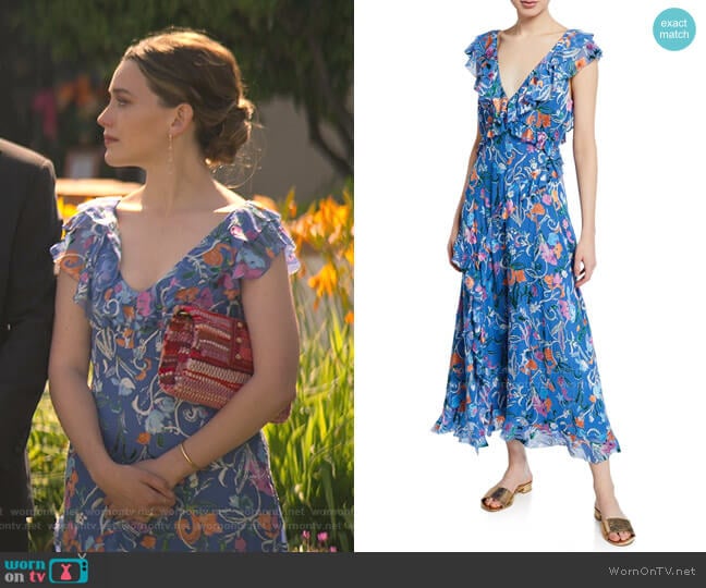 Tanya Taylor Arielle Floral Print Ruffle Dress worn by Love Quinn (Victoria Pedretti) on You
