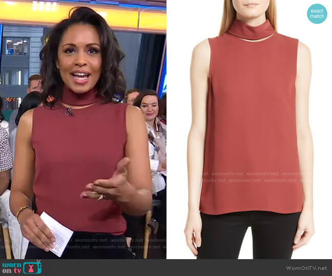 Theory Classic Slit Collar Silk Top worn by Adrienne Bankert on Good Morning America