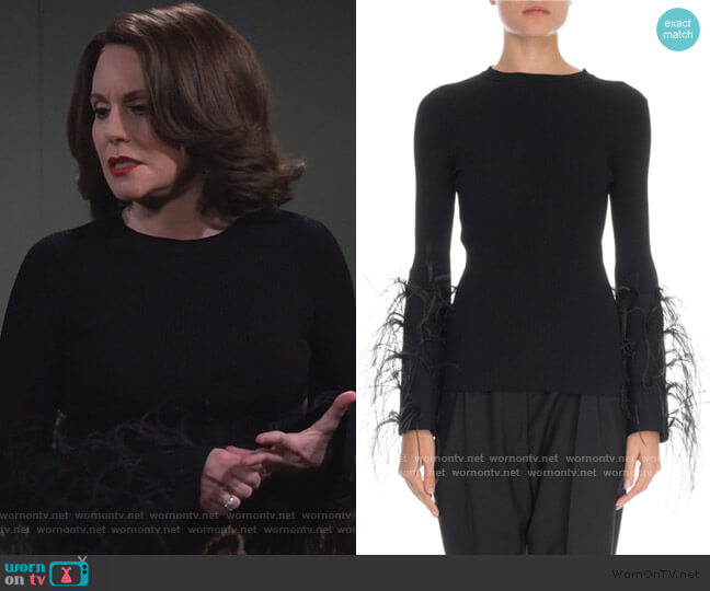 Valentino Feather-Cuff Crewneck Sweater worn by Karen Walker (Megan Mullally) on Will and Grace