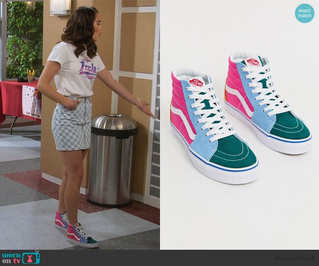 Vans SK8-Hi frayed color block sneakers worn by Alexa Mendoza (Paris Berelc) on Alexa & Katie