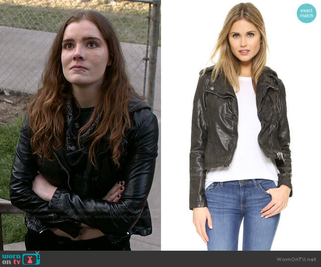 Free People Vegan Leather Hooded Moto Jacket worn by Sandy Milkovich (Elise Eberle) on Shameless
