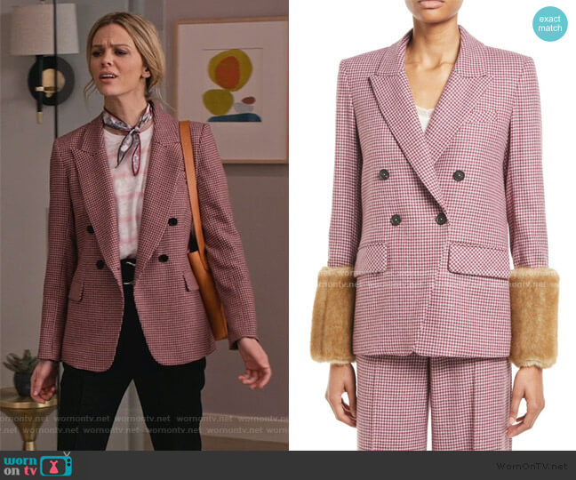 Veronica Beard Fahey Houndstooth Dickey Jacket with Faux-Fur Cuffs worn by Mallory (Brooklyn Decker) on Grace and Frankie