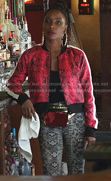 Veronica’s red snake print bomber jacket and pants on Shameless