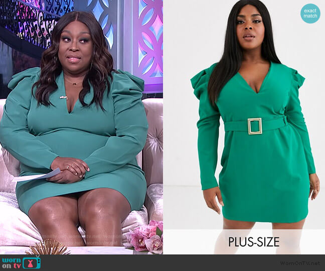 Vesper Deep Plunge Midi Dress with Statement Shoulder in Emerald Green worn by Loni Love on The Real
