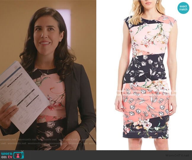 Vince Camuto Colorblock Floral Print Sheath Dress worn by Shannon Ross (Nicole Power) on Kims Convenience