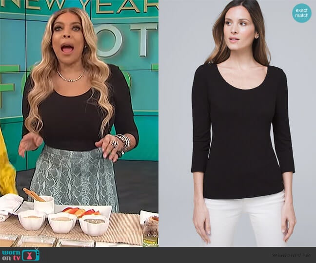 White House Black Market Dual-Neck Jacquard Top worn by Wendy Williams on The Wendy Williams Show