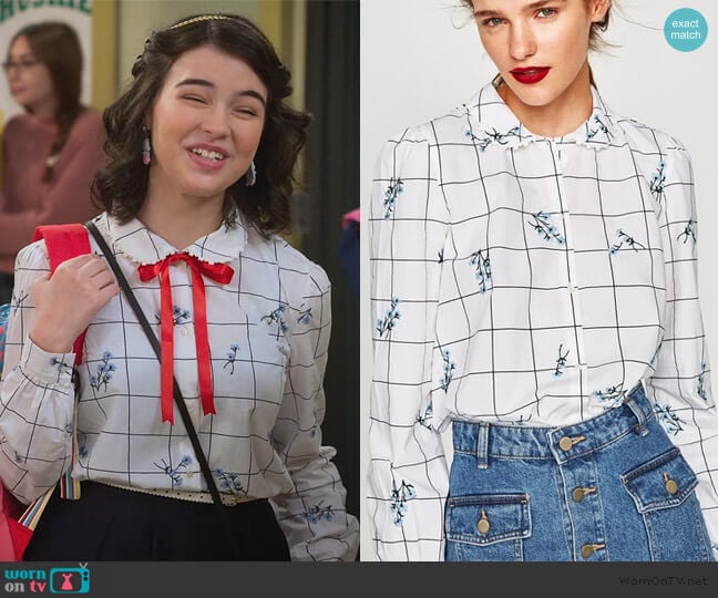Zara Windowpane Blouse with Embroidery worn by Hannah (Merit Leighton) on Alexa & Katie