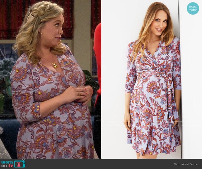 A Pea in the Pod Faux Wrap Maternity Dress in Blue Floral worn by Kristin Baxter (Amanda Fuller) on Last Man Standing