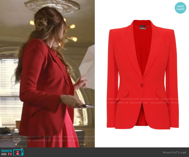 Alexander Mcqueen Single-Breasted Crepe Blazer worn by Fallon Carrington (Elizabeth Gillies) on Dynasty
