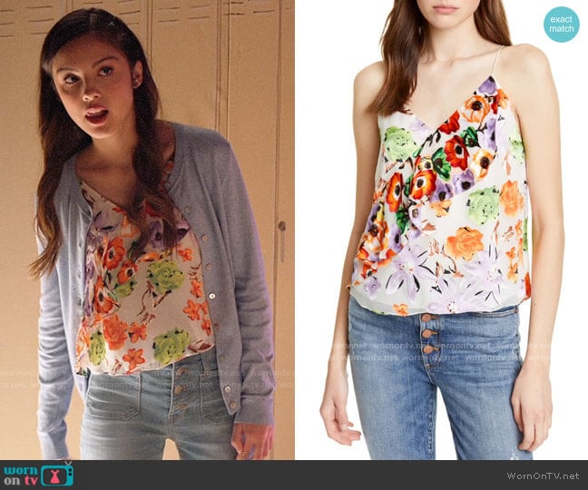 Alice + Olivia Lavonia Floral Ruffle Draped Camisole worn by Nini (Olivia Rodrigo) on High School Musical The Musical The Series