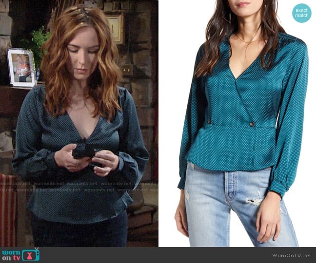 All in Favor Satin Button Peplum Top in Teal / White worn by Mariah Copeland (Camryn Grimes) on The Young and the Restless