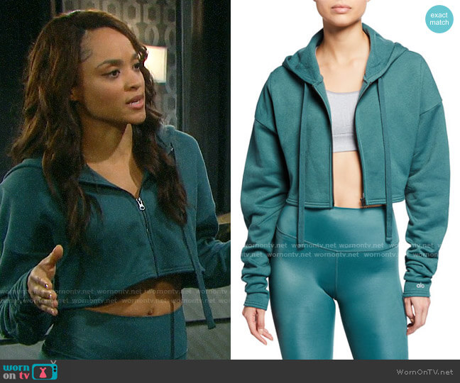 Alo Yoga Extreme Crop Hooded Zip-Front Jacket worn by Lani Price (Sal Stowers) on Days of our Lives