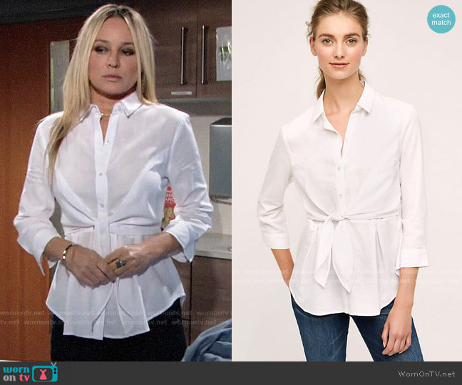 HD in Paris Tie Front Buttondown worn by Sharon Newman (Sharon Case) on The Young and the Restless