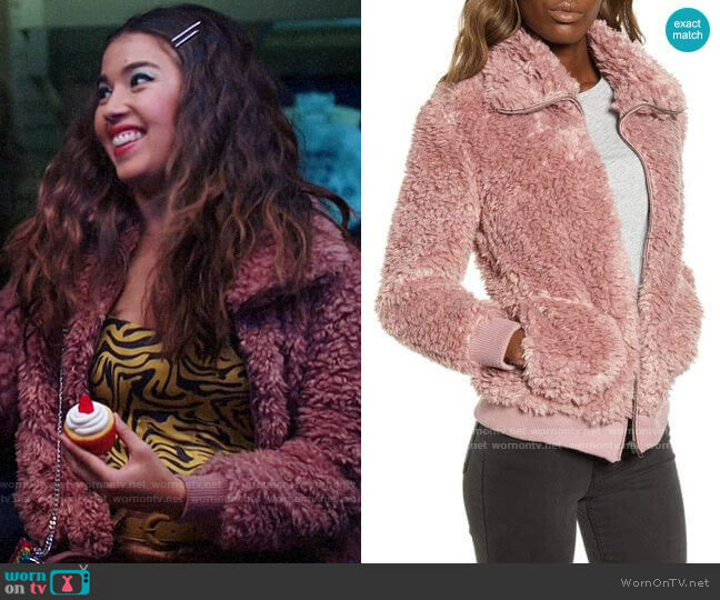 BB Dakota Teddy Or Not Faux Fur Bomber Jacket in Rose Quartz worn by Cheyenne (Nichole Bloom) on Superstore