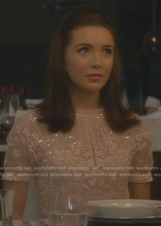 Bess’s pink floral embroidered keyhole dress on Nancy Drew