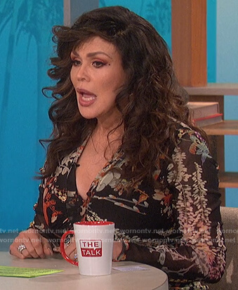 Marie’s black floral ruched dress on The Talk