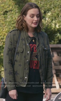 Angie’s green star jacket and printed tee on Single Parents