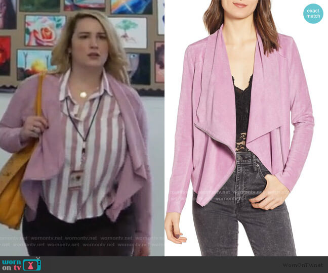 BlankNYC Faux Suede Drape Front Jacket worn by Davia (Emma Hunton) on Good Trouble