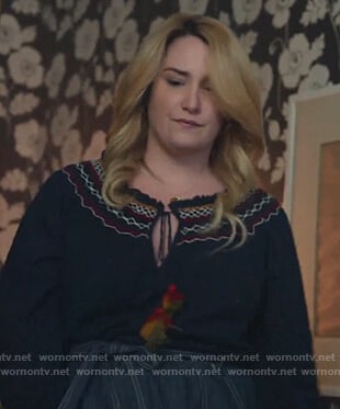 Davia’s blue embroidered tassel trim top on Good Trouble