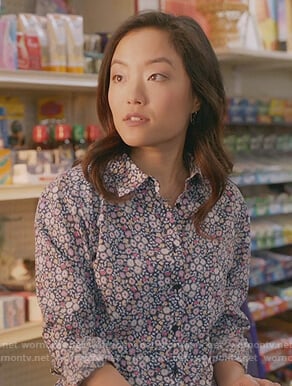 Janet’s blue floral button front blouse on Kims Convenience