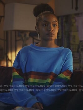 Zoey’s blue rainbow stripe sweatshirt on Grown-ish