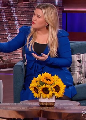 Kelly’s blue wrap puff shoulder dress on The Kelly Clarkson Show