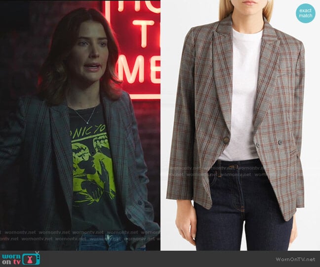 Brunello Cucinelli Peak-Lapel Plaid Blazer with Leather Wrap Belt worn by Dex Parios (Cobie Smulders) on Stumptown