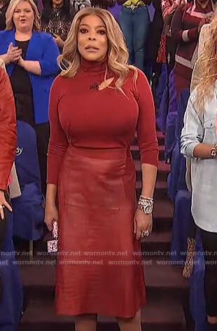 Wendy’s burgundy cutout sweater and leather skirt on The Wendy Williams Show