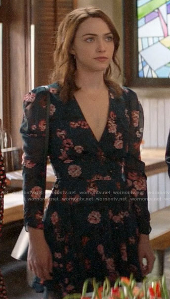 Cara’s teal floral puff sleeve dress on God Friended Me