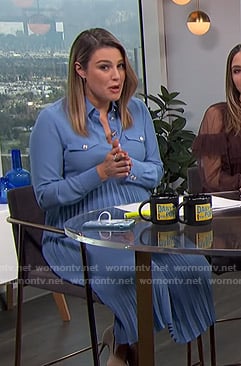 Carissa’s blue pleated shirtdress on E! News Daily Pop