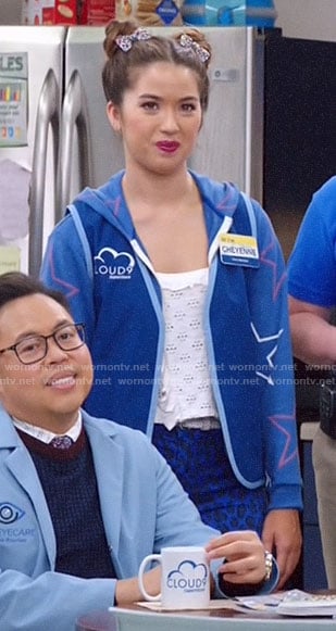 Cheyenne’s blue star print hoodie and leopard jeans on Superstore