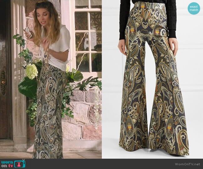 Chloe Metallic Jacquard Flared Pants worn by Alexis Rose (Annie Murphy) on Schitts Creek