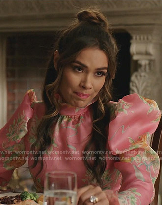 Cristal’s pink floral puff sleeve dress on Dynasty