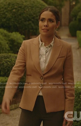 Cristal’s whtie chain print blouse and camel blazer on Dynasty